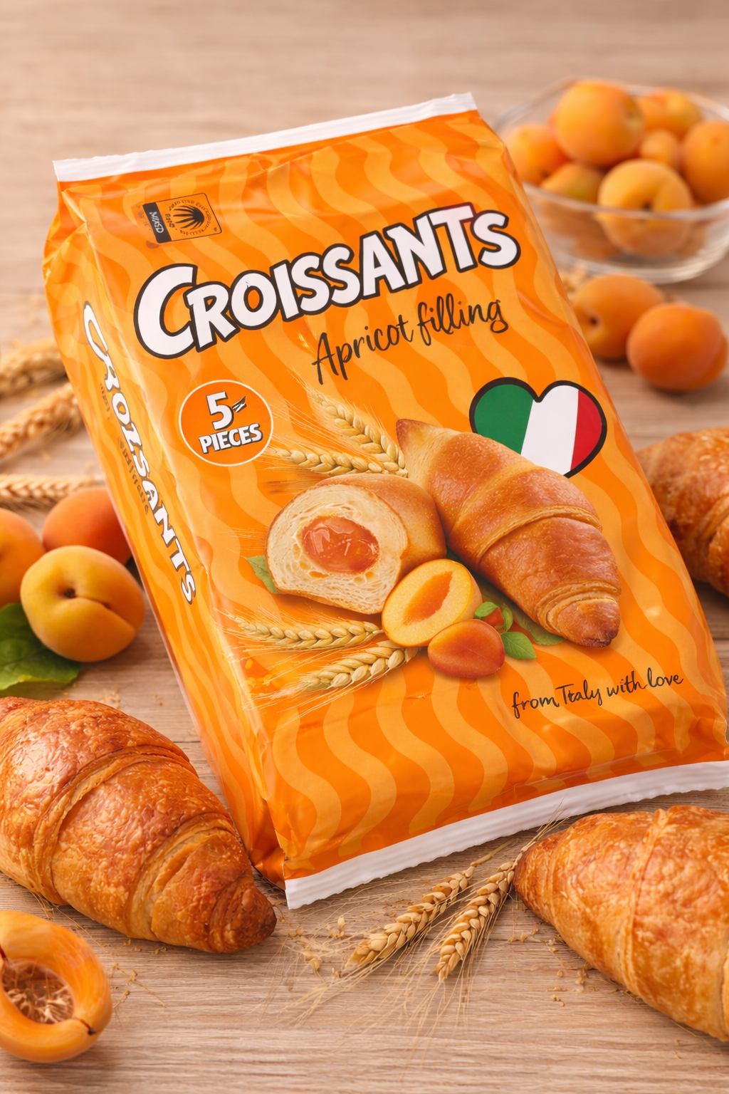Croissants mit Aprikosenfüllung 225g  – Weich, fruchtig & italienischer Stil (5 Stück)