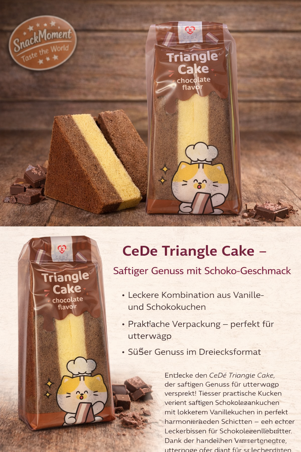 CeDe Triangle Cake Chocolate – Saftiger Schoko & Vanille Kuchen Snack 90g