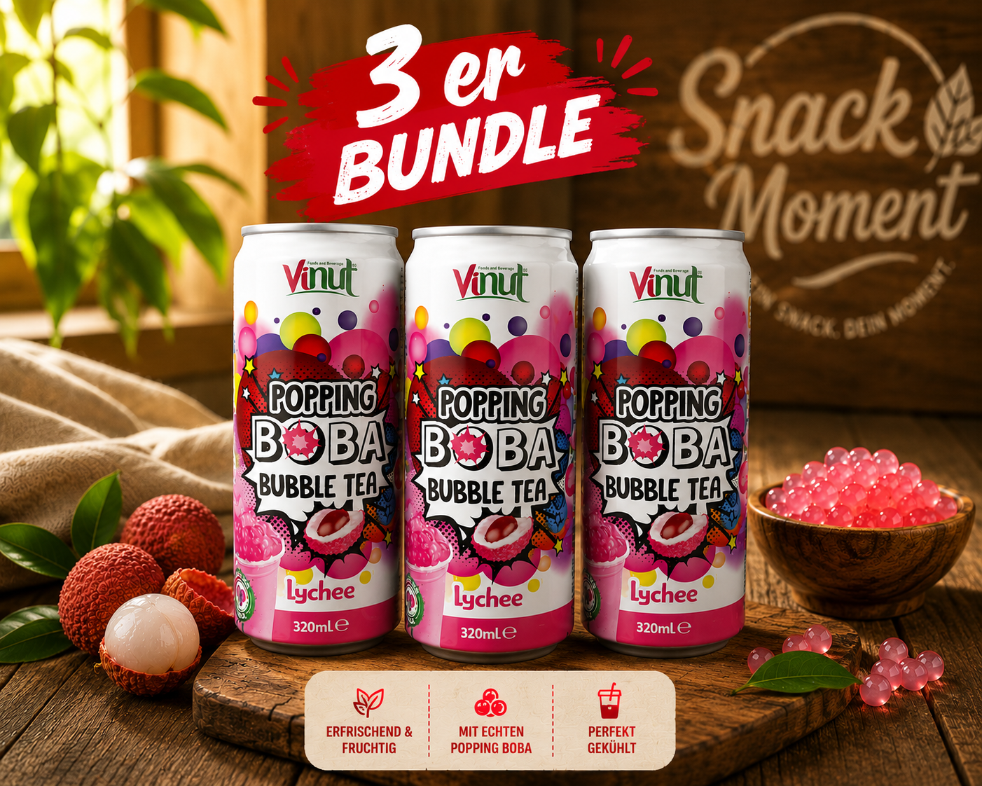 Vinut Popping Boba Bubble Tea Lychee 320 ml – Exotischer Litschi Bubble Tea Drink
