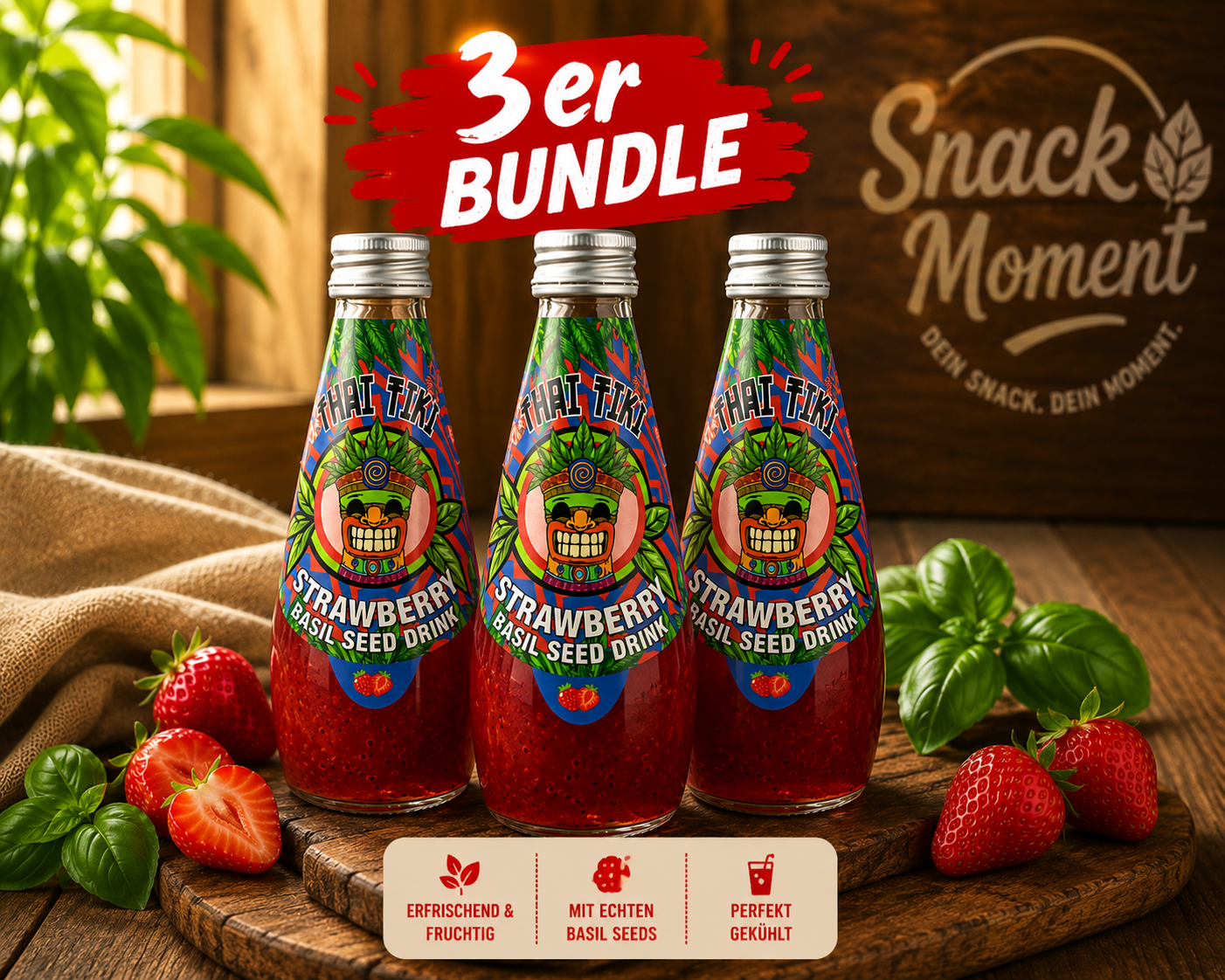 Tiki Strawberry Basil Seed Drink – Erdbeer Basilikum Getränk mit Basilikumsamen | Exotic Drink 290ml