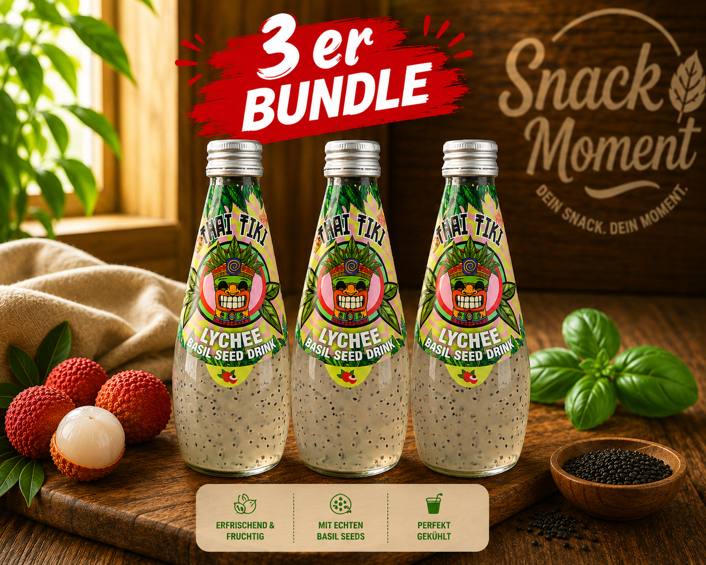 Thai Tiki Lychee Basil Seed Drink 290 ml – Exotisches Litschi Getränk mit Basilikum-Samen