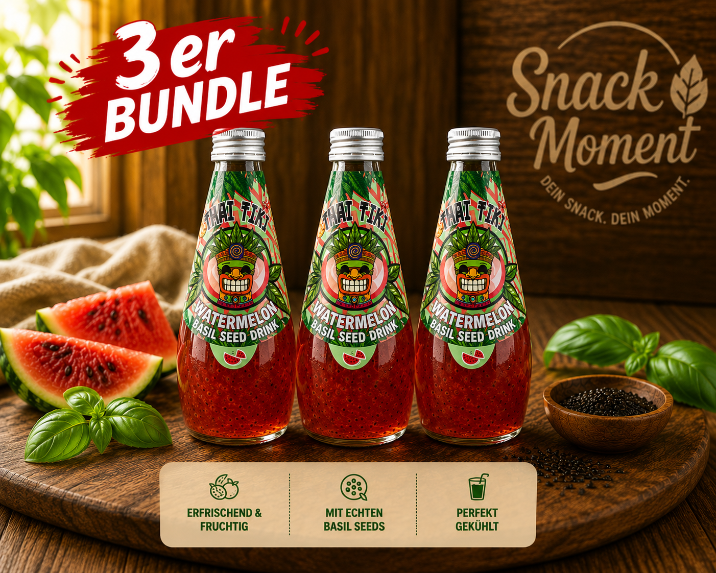 Tiki Watermelon Basil Seed Drink – Wassermelonen Getränk mit Basilikumsamen | Exotic Drink 290ml