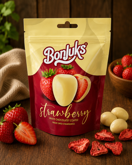 Bonjuks Strawberry White Chocolate Coated Freeze Dried Strawberries – Weiße Schoko Erdbeeren 100g