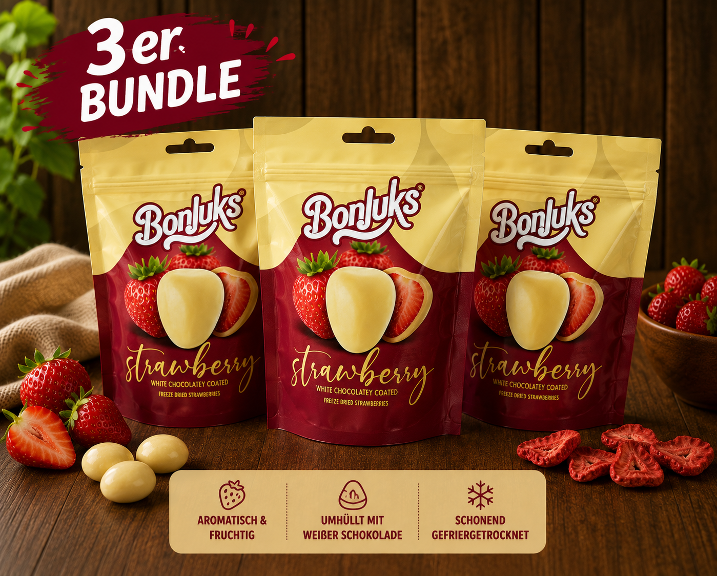 Bonjuks Strawberry White Chocolate Coated Freeze Dried Strawberries – Weiße Schoko Erdbeeren 100g