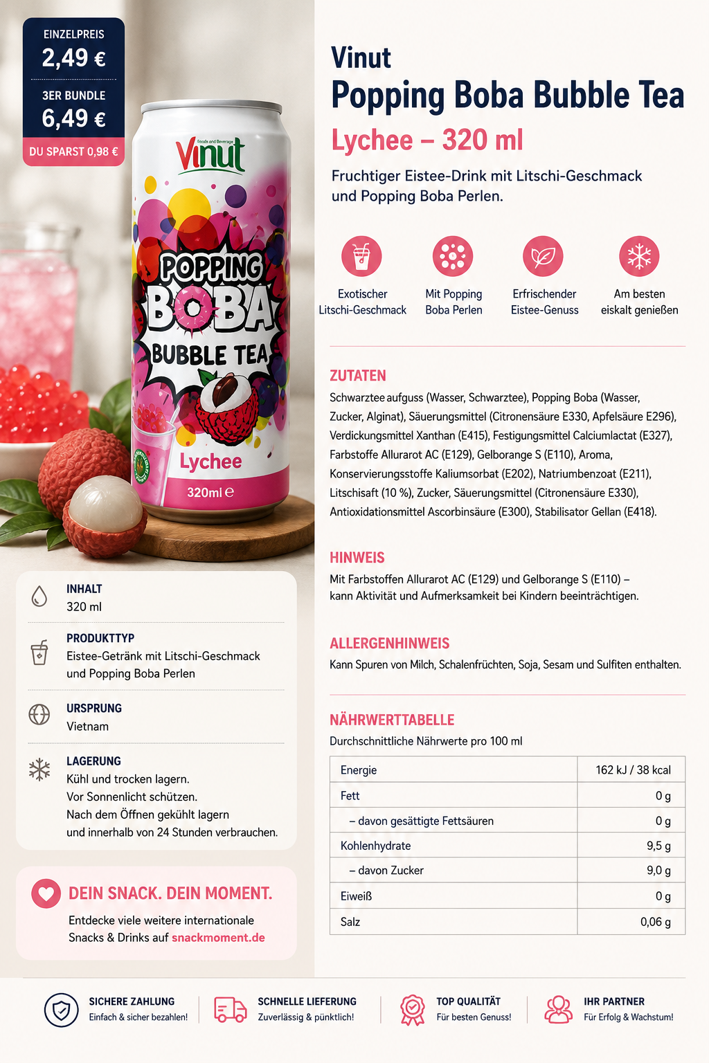Vinut Popping Boba Bubble Tea Lychee 320 ml – Exotischer Litschi Bubble Tea Drink