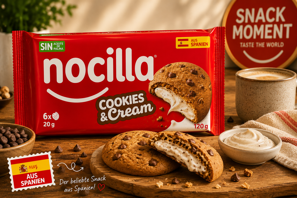 Nocilla Cookies & Cream – Kekse mit Schokoladentropfen, gefüllt mit Milchcreme und Kakaokeksstückchen (120 g)