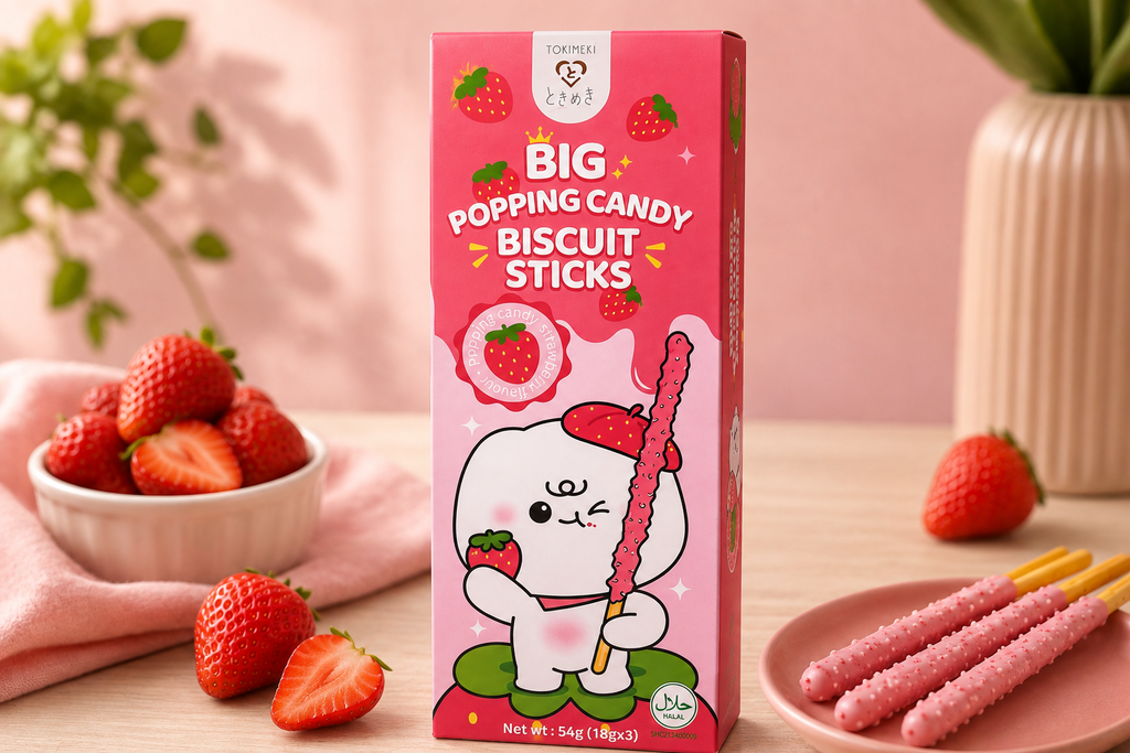 Tokimeki Big Popping Candy Biscuit Sticks Strawberry 54 g – Knusprige Kekssticks mit Erdbeercreme & Knisterbrause