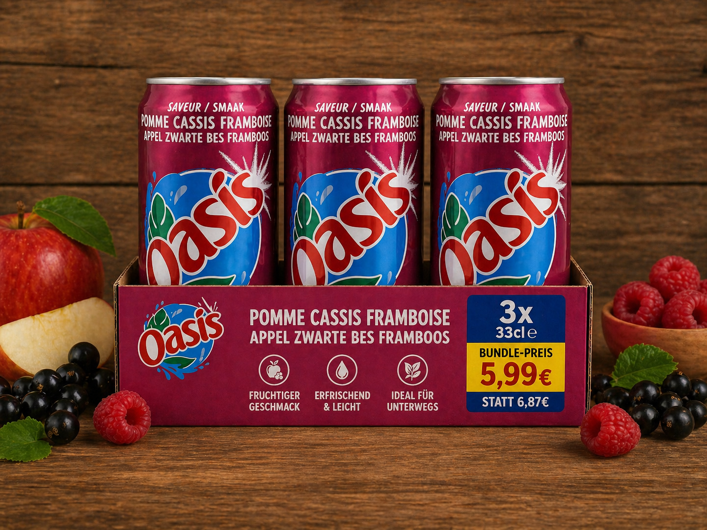 Oasis Pomme Cassis Framboise – Fruchtiges Erfrischungsgetränk mit Apfel, Cassis & Himbeere