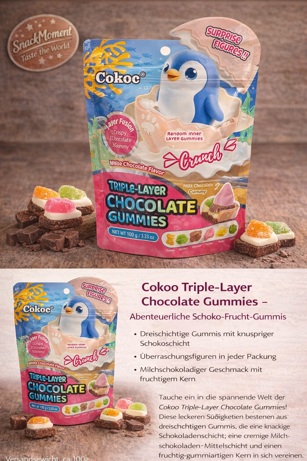 Cokoc Triple-Layer Chocolate Gummies – Knusprige Schoko Gummis mit Überraschung 90g